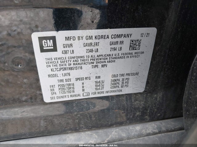 45834144 :رقم المزاد ، KL7CJPSM1NB515116 vin ، 2022 Chevrolet Trax Awd Lt مزاد بيع