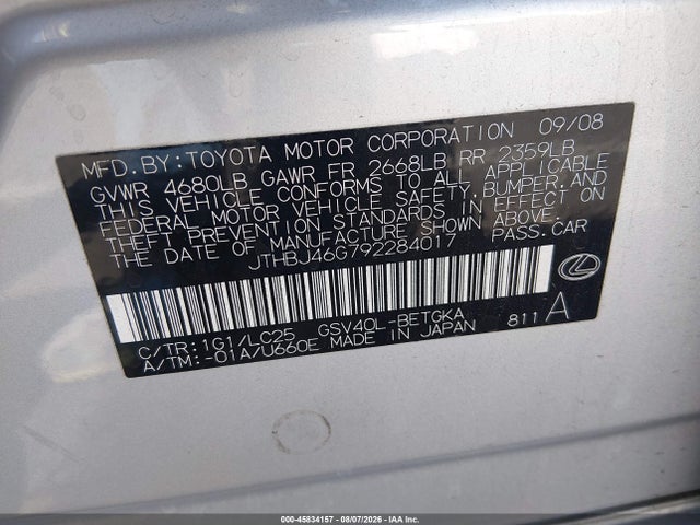 Продаж на аукціоні авто 2009 Lexus Es 350, vin: JTHBJ46G792284017, номер лоту: 45834157
