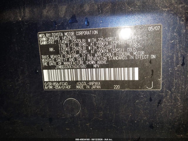 Aukcja sprzedaży 2007 Toyota Rav4, vin: JTMBD33VX76047680, numer aukcji: 45834165