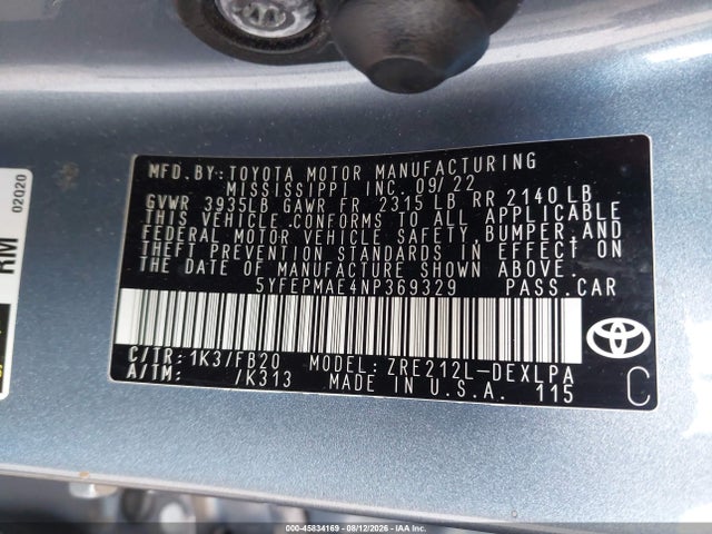 Aukcja sprzedaży 2022 Toyota Corolla Le, vin: 5YFEPMAE4NP369329, numer aukcji: 45834169