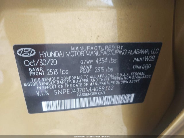 Aukcja sprzedaży 2021 Hyundai Sonata Sel Plus, vin: 5NPEJ4J20MH089362, numer aukcji: 45834174