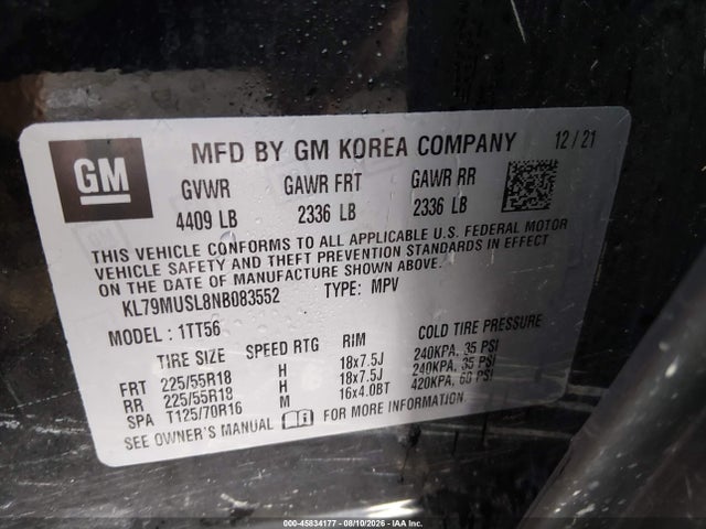 Продаж на аукціоні авто 2022 Chevrolet Trailblazer Awd Rs, vin: KL79MUSL8NB083552, номер лоту: 45834177
