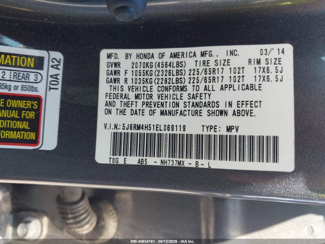 Продажа на аукционе авто 2014 Honda Cr-v Ex, vin: 5J6RM4H51EL069119, номер лота: 45834181