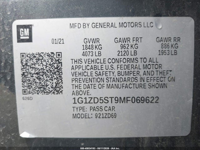 Aukcja sprzedaży 2021 Chevrolet Malibu Fwd Lt, vin: 1G1ZD5ST9MF069622, numer aukcji: 45834193