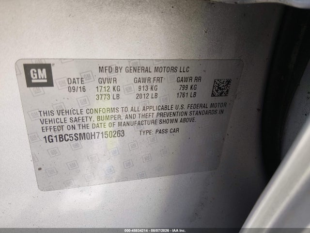45834214 :رقم المزاد ، 1G1BC5SM0H7150263 vin ، 2017 Chevrolet Cruze Ls Auto مزاد بيع