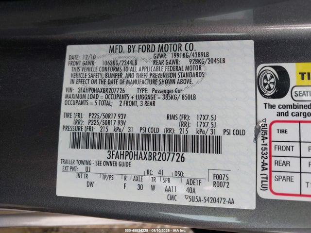 2011 Ford Fusion Se მანქანა იყიდება აუქციონზე, vin: 3FAHP0HAXBR207726, აუქციონის ნომერი: 45834228