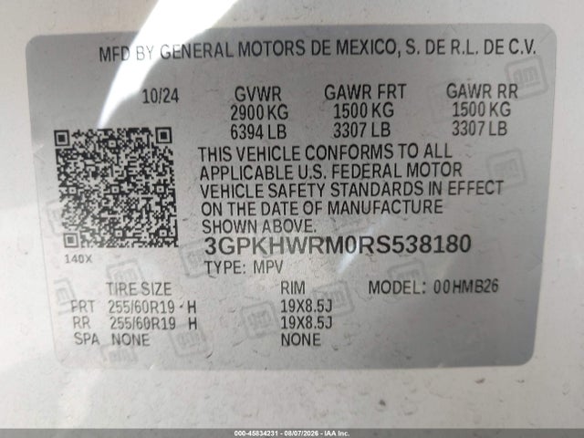 45834231 :رقم المزاد ، 3GPKHWRM0RS538180 vin ، 2024 Honda Prologue Touring مزاد بيع