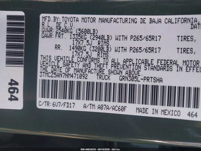 45834235 :رقم المزاد ، 3TMCZ5AN7NM471092 vin ، 2022 Toyota Tacoma Trd Sport مزاد بيع