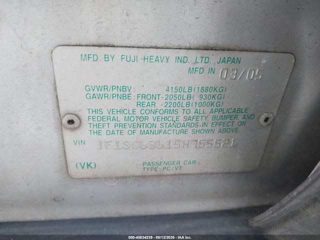 Aukcja sprzedaży 2005 Subaru Forester 2.5x, vin: JF1SG63615H755521, numer aukcji: 45834239