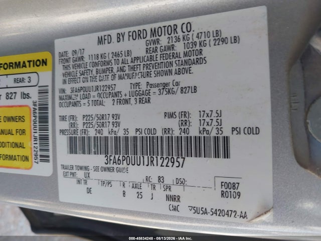 45834248 :رقم المزاد ، 3FA6P0UU1JR122957 vin ، 2018 Ford Fusion Hybrid S مزاد بيع