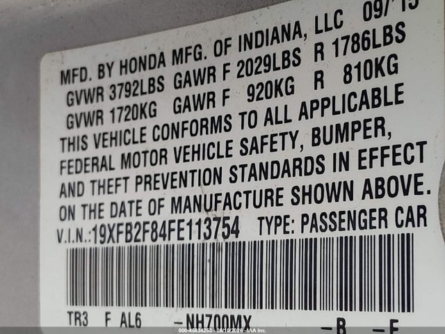 2015 Honda Civic Ex მანქანა იყიდება აუქციონზე, vin: 19XFB2F84FE113754, აუქციონის ნომერი: 45834253