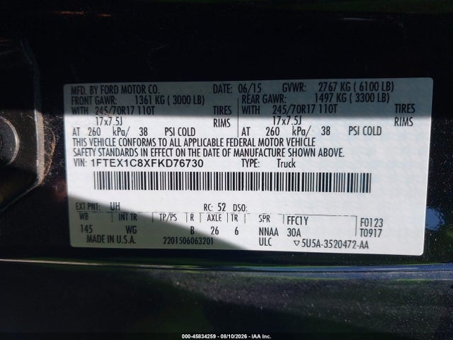 45834259 :رقم المزاد ، 1FTEX1C8XFKD76730 vin ، 2015 Ford F-150 Xl مزاد بيع