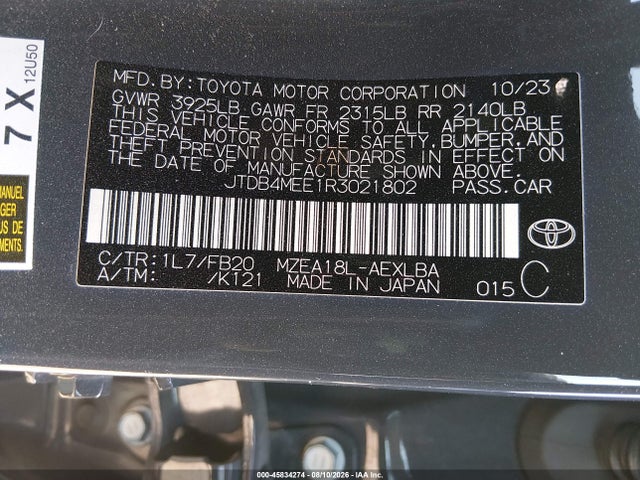 Aukcja sprzedaży 2024 Toyota Corolla Le, vin: JTDB4MEE1R3021802, numer aukcji: 45834274