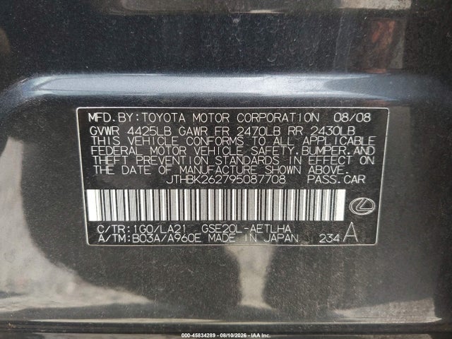 45834289 :رقم المزاد ، JTHBK262795087708 vin ، 2009 Lexus Is 250 مزاد بيع