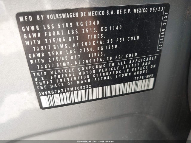 Продажа на аукционе авто 2023 Volkswagen Tiguan 2.0t S, vin: 3VVRB7AX7PM109232, номер лота: 45834295
