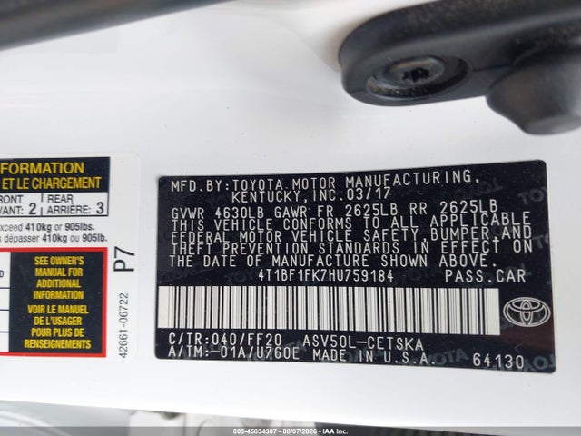 Aukcja sprzedaży 2017 Toyota Camry Se, vin: 4T1BF1FK7HU759184, numer aukcji: 45834307