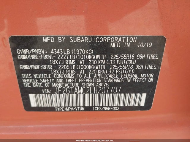 45834308 :رقم المزاد ، JF2GTAMC2LH207707 vin ، 2020 Subaru Crosstrek Limited مزاد بيع
