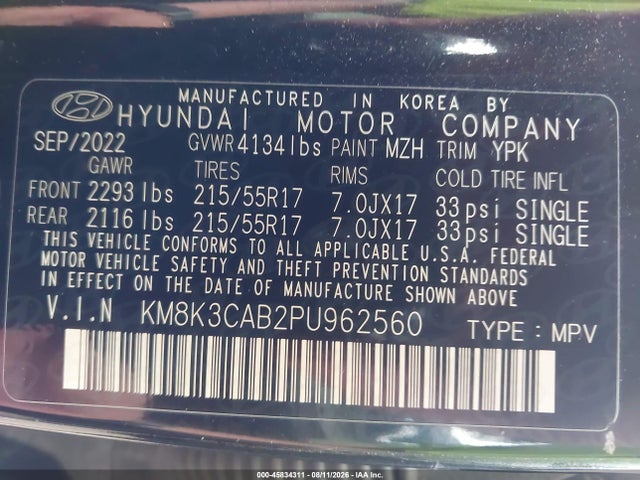 Aukcja sprzedaży 2023 Hyundai Kona Sel, vin: KM8K3CAB2PU962560, numer aukcji: 45834311