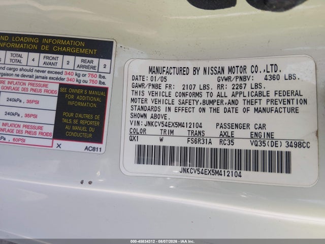 45834312 :رقم المزاد ، JNKCV54EX5M412104 vin ، 2005 Infiniti G35 مزاد بيع