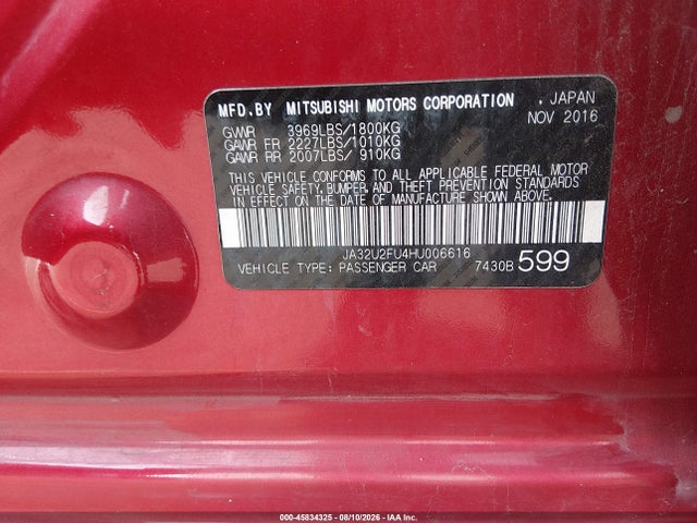 Продаж на аукціоні авто 2017 Mitsubishi Lancer Es, vin: JA32U2FU4HU006616, номер лоту: 45834325