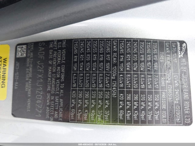 Продажа на аукционе авто 2018 Jaguar E-pace R-dynamic S/s, vin: SADFJ2FX1J1Z04771, номер лота: 45834332