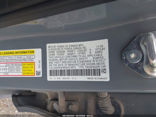 Продажа на аукционе авто 2025 Honda Civic Hybrid Sport/sport Touring, vin: 2HGFE4F86SH319872, номер лота: 45834334