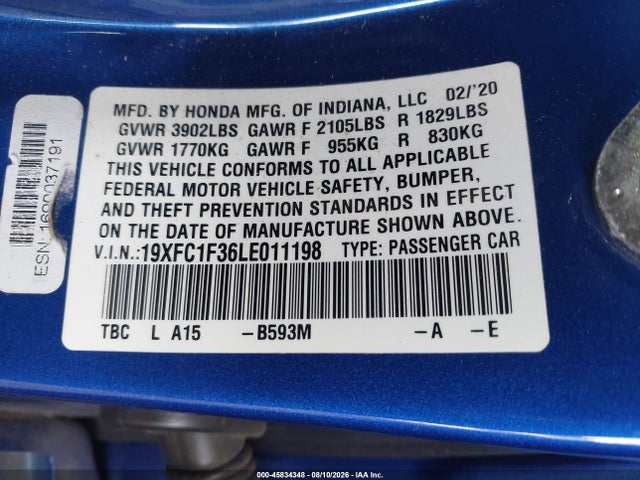 45834348 :رقم المزاد ، 19XFC1F36LE011198 vin ، 2020 Honda Civic Ex مزاد بيع