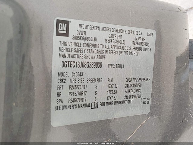 Продаж на аукціоні авто 2008 Gmc Sierra 1500 Sle1, vin: 3GTEC13J08G289038, номер лоту: 45834352