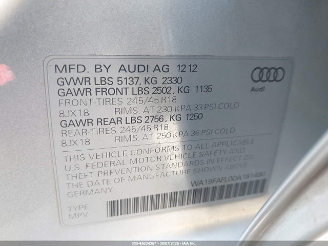 45834357 :رقم المزاد ، WA19FAFL0DA181480 vin ، 2013 Audi Allroad 2.0t Premium مزاد بيع