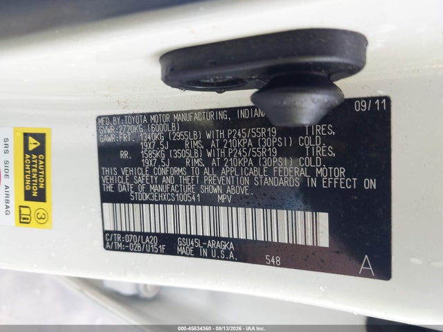 45834360 :رقم المزاد ، 5TDDK3EHXCS100541 vin ، 2012 Toyota Highlander Limited V6 مزاد بيع