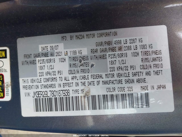45834361 :رقم المزاد ، JM3ER29L780187938 vin ، 2008 Mazda Cx-7 Grand Touring مزاد بيع