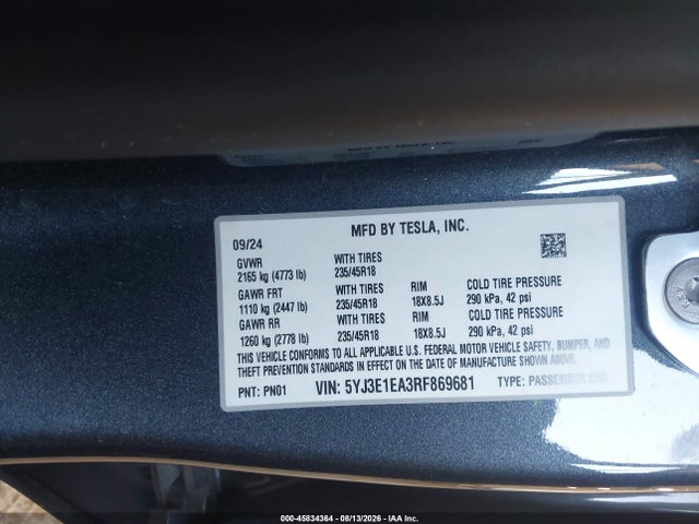 Продажа на аукционе авто 2024 Tesla Model 3, vin: 5YJ3E1EA3RF869681, номер лота: 45834364