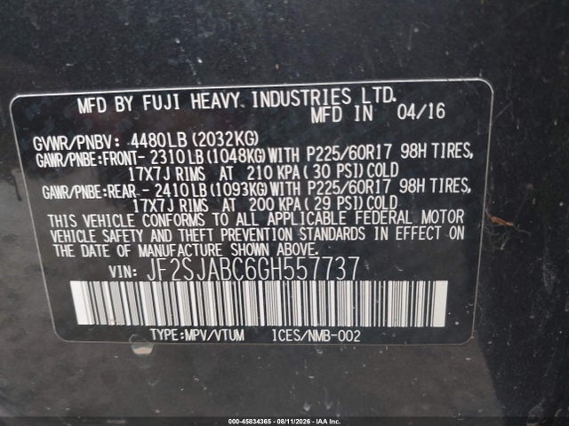 2016 Subaru Forester 2.5i მანქანა იყიდება აუქციონზე, vin: JF2SJABC6GH557737, აუქციონის ნომერი: 45834365
