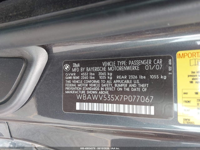Aukcja sprzedaży 2007 Bmw 328xi, vin: WBAWV535X7P077067, numer aukcji: 45834378