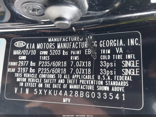Продажа на аукционе авто 2011 Kia Sorento Ex V6, vin: 5XYKU4A28BG033541, номер лота: 45834391