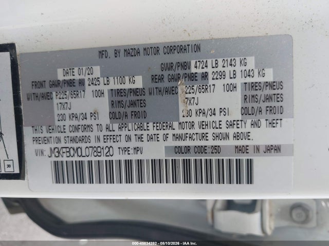 45834392 :رقم المزاد ، JM3KFBCM0L0789120 vin ، 2020 Mazda Cx-5 Touring مزاد بيع