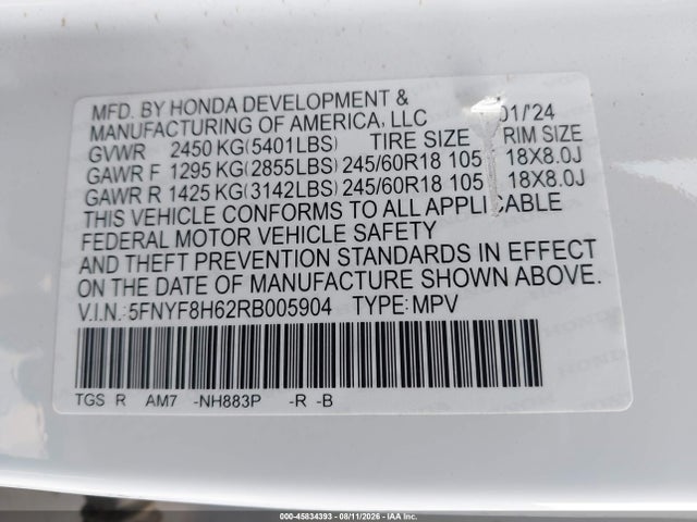 2024 Honda Passport Awd Trailsport მანქანა იყიდება აუქციონზე, vin: 5FNYF8H62RB005904, აუქციონის ნომერი: 45834393