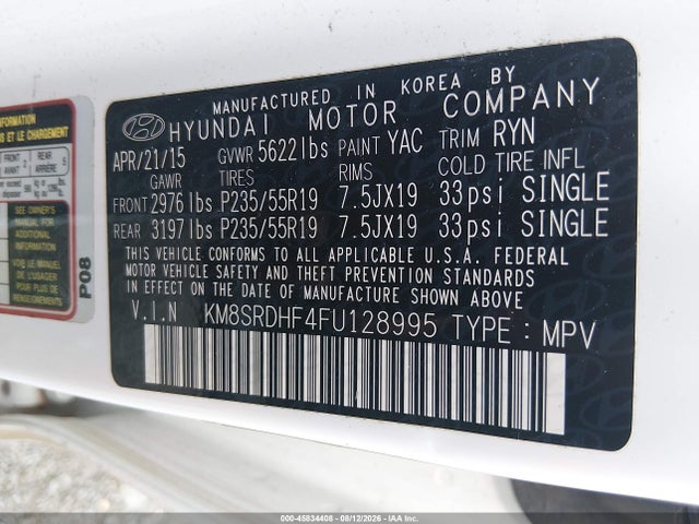 Aukcja sprzedaży 2015 Hyundai Santa Fe Gls, vin: KM8SRDHF4FU128995, numer aukcji: 45834408