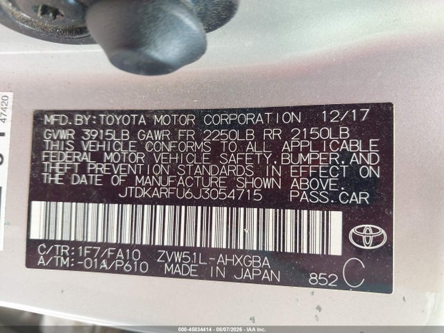 45834414 :رقم المزاد ، JTDKARFU6J3054715 vin ، 2018 Toyota Prius Three مزاد بيع