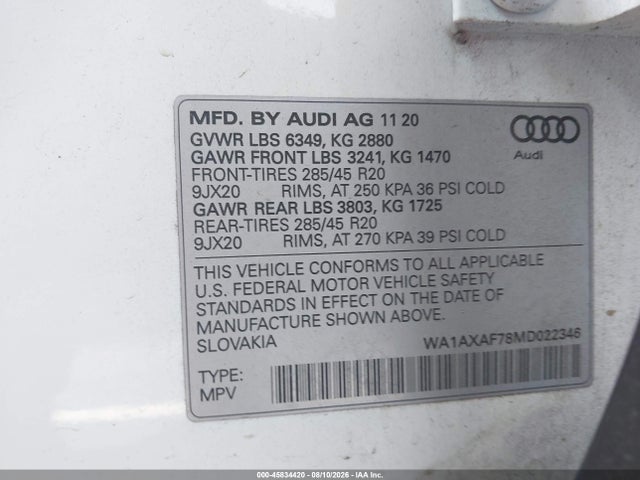 45834420 :رقم المزاد ، WA1AXAF78MD022346 vin ، 2021 Audi Q7 Premium 55 Tfsi Quattro Tiptronic مزاد بيع