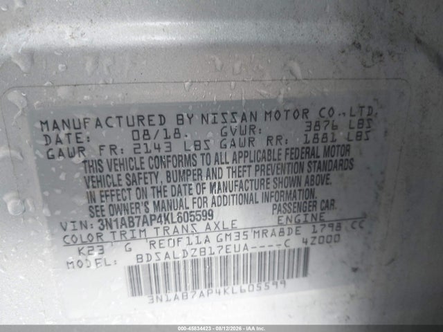 Продаж на аукціоні авто 2019 Nissan Sentra Sv, vin: 3N1AB7AP4KL605599, номер лоту: 45834423