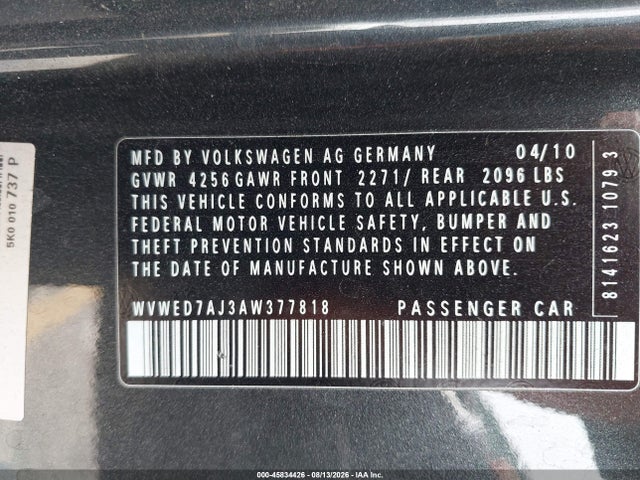 Aukcja sprzedaży 2010 Volkswagen Gti 2-door, vin: WVWED7AJ3AW377818, numer aukcji: 45834426
