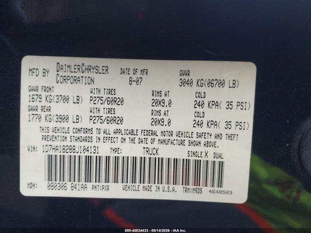 Aukcja sprzedaży 2008 Dodge Ram 1500 Slt, vin: 1D7HA18288J104131, numer aukcji: 45834433