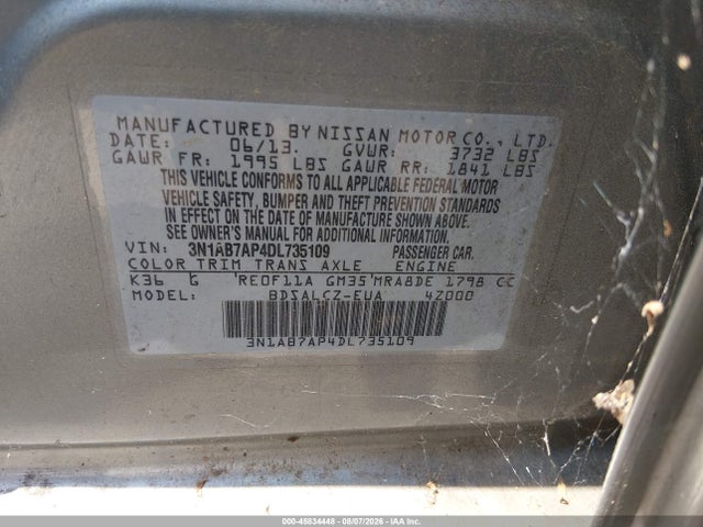2013 Nissan Sentra Fe+ S მანქანა იყიდება აუქციონზე, vin: 3N1AB7AP4DL735109, აუქციონის ნომერი: 45834448
