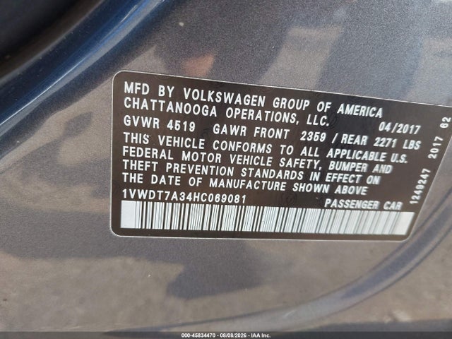 Aukcja sprzedaży 2017 Volkswagen Passat 1.8t R-line, vin: 1VWDT7A34HC069081, numer aukcji: 45834470