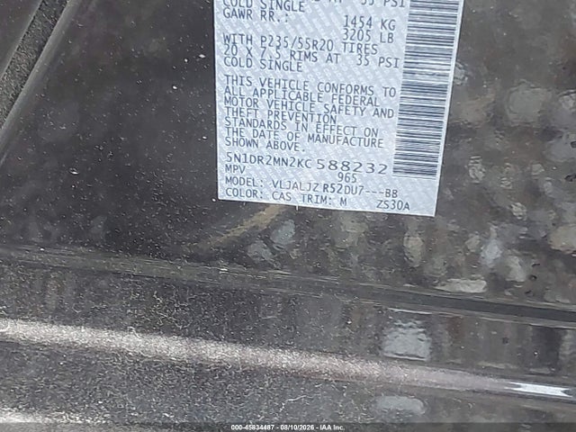 45834487 :رقم المزاد ، 5N1DR2MN2KC588232 vin ، 2019 Nissan Pathfinder Platinum مزاد بيع