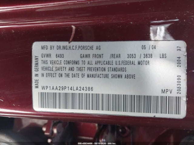 45834498 :رقم المزاد ، WP1AA29P14LA24386 vin ، 2004 Porsche Cayenne V6 مزاد بيع