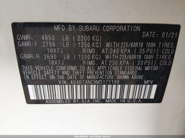 Aukcja sprzedaży 2021 Subaru Outback Limited, vin: 4S4BTANCXM3171198, numer aukcji: 45834518
