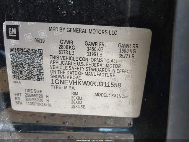 Продаж на аукціоні авто 2019 Chevrolet Traverse 3lt, vin: 1GNEVHKWXKJ311558, номер лоту: 45834529