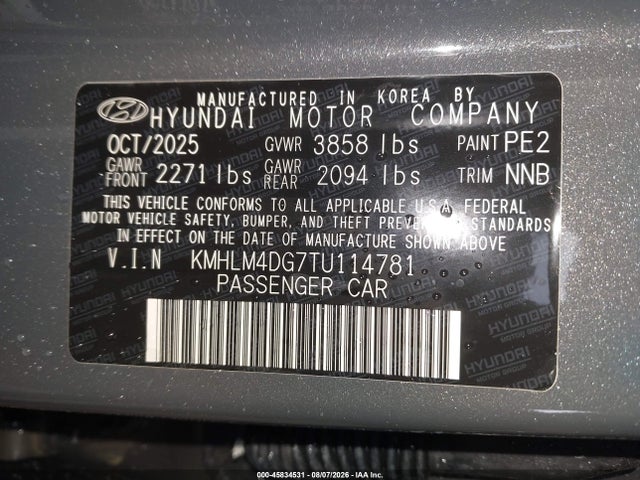 45834531 :رقم المزاد ، KMHLM4DG7TU114781 vin ، 2026 Hyundai Elantra Sel Sport مزاد بيع
